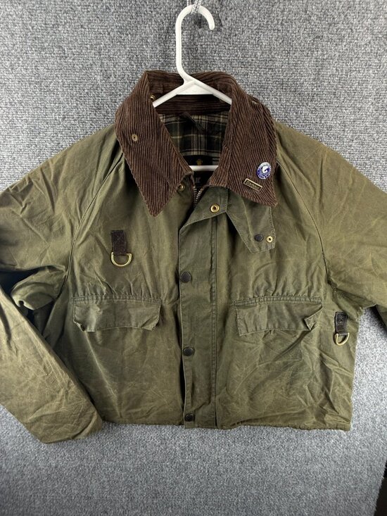 Barbour Other - VTG Barbour Spey A130 Waxed Jacket Green Men Fishing Wasting Angler Pin Short